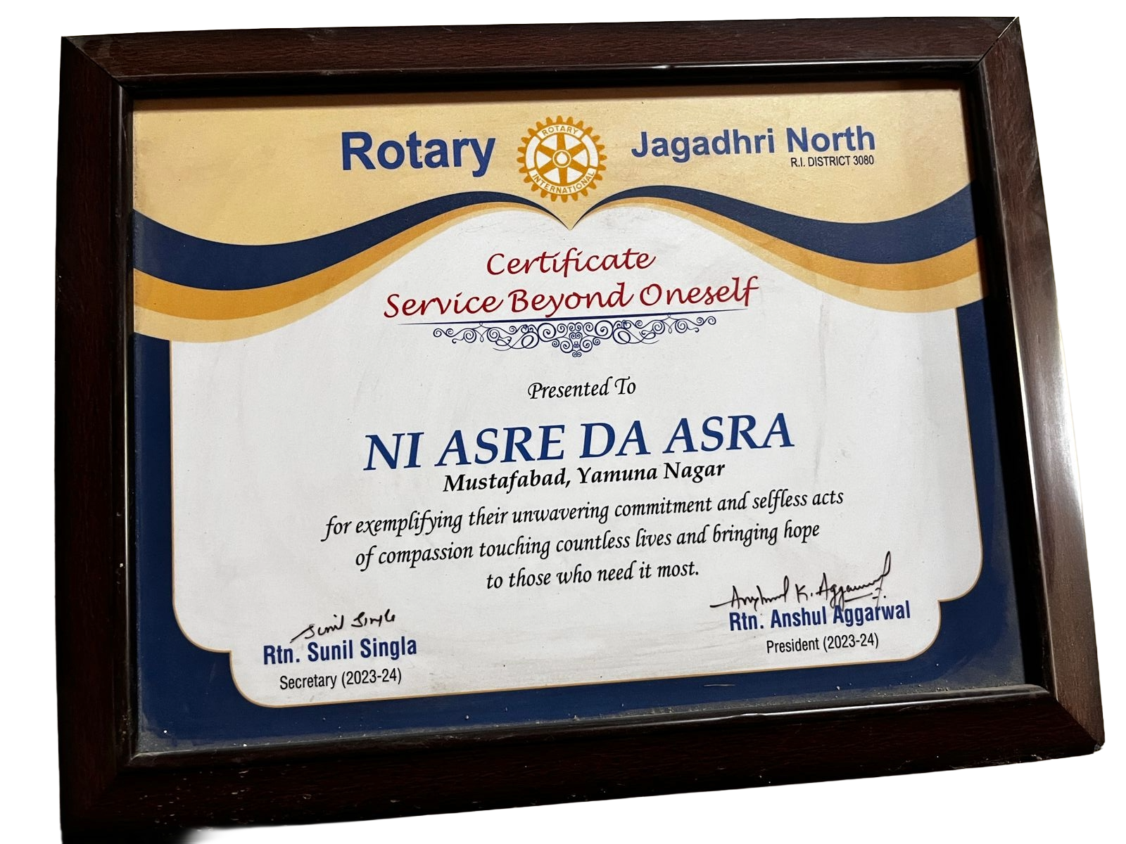 Rotary Jagadhri North certificate service beyond oneself